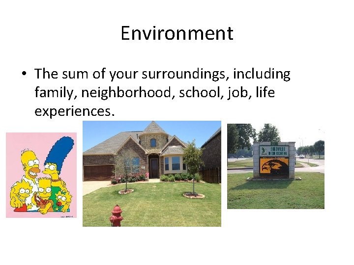 Environment • The sum of your surroundings, including family, neighborhood, school, job, life experiences.