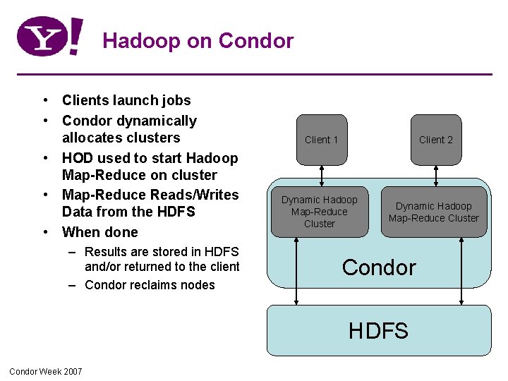 Hadoop on Condor • Clients launch jobs • Condor dynamically allocates clusters • HOD Hadoop on Condor • Clients launch jobs • Condor dynamically allocates clusters • HOD