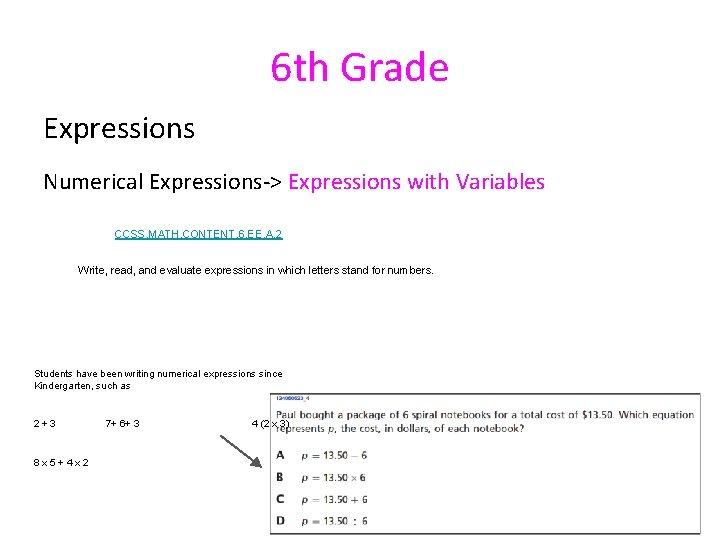 6 th Grade Expressions Numerical Expressions-> Expressions with Variables CCSS. MATH. CONTENT. 6. EE.