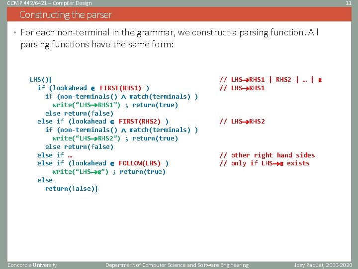 COMP 442/6421 – Compiler Design 11 Constructing the parser • For each non-terminal in