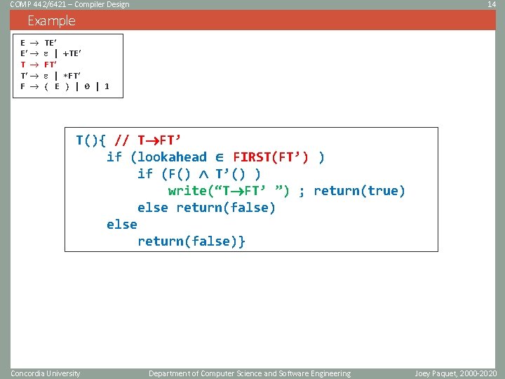 COMP 442/6421 – Compiler Design 14 Example E E T T F TE |