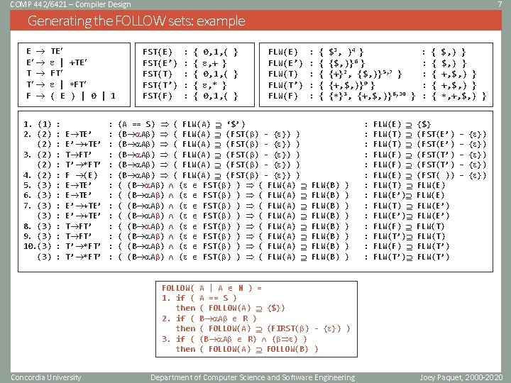 COMP 442/6421 – Compiler Design 7 Generating the FOLLOW sets: example E E T