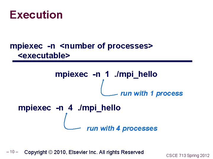 Execution mpiexec -n <number of processes> <executable> mpiexec -n 1. /mpi_hello run with 1