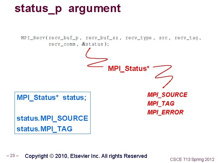 status_p argument MPI_Status* status; status. MPI_SOURCE status. MPI_TAG – 23 – Copyright © 2010,