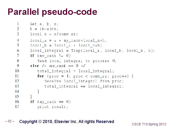 Parallel pseudo-code – 32 – Copyright © 2010, Elsevier Inc. All rights Reserved CSCE