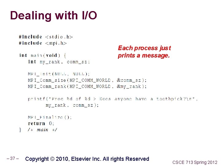 Dealing with I/O Each process just prints a message. – 37 – Copyright ©