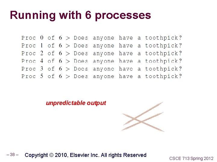 Running with 6 processes unpredictable output – 38 – Copyright © 2010, Elsevier Inc.