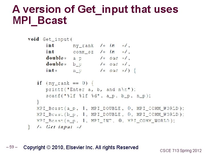 A version of Get_input that uses MPI_Bcast – 59 – Copyright © 2010, Elsevier