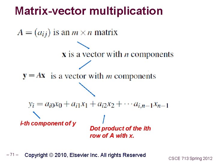 Matrix-vector multiplication i-th component of y – 71 – Dot product of the ith