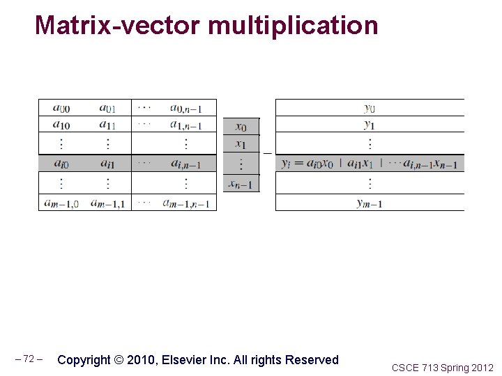 Matrix-vector multiplication – 72 – Copyright © 2010, Elsevier Inc. All rights Reserved CSCE