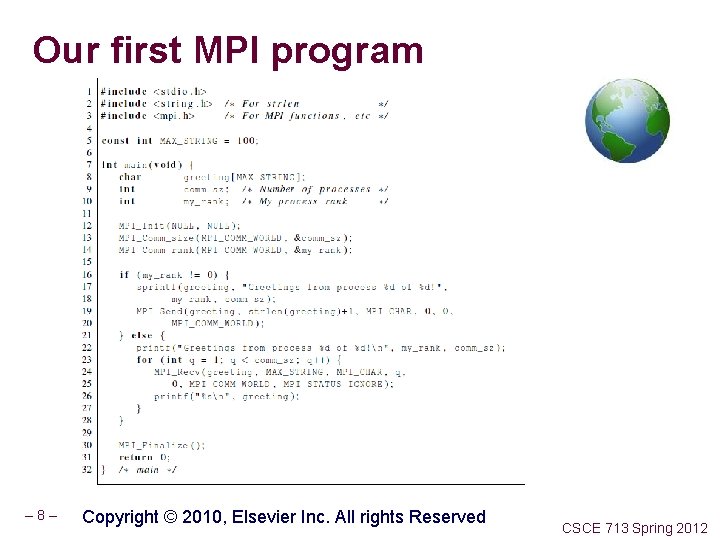Our first MPI program – 8– Copyright © 2010, Elsevier Inc. All rights Reserved