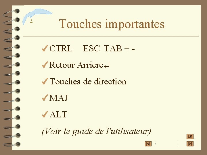 8 Touches importantes 4 CTRL ESC TAB + - 4 Retour Arrière¿ 4 Touches