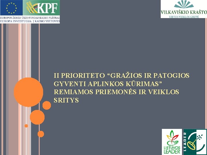 II PRIORITETO “GRAŽIOS IR PATOGIOS GYVENTI APLINKOS KŪRIMAS” REMIAMOS PRIEMONĖS IR VEIKLOS SRITYS 