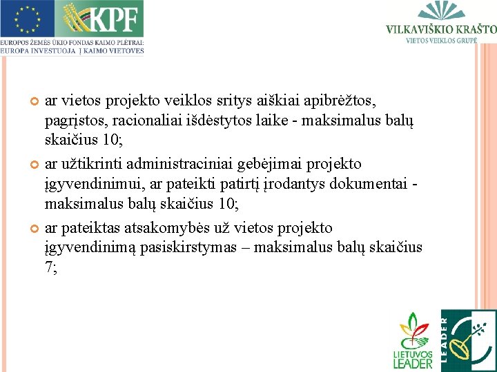 ar vietos projekto veiklos sritys aiškiai apibrėžtos, pagrįstos, racionaliai išdėstytos laike - maksimalus balų