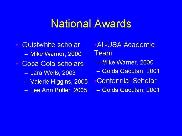 National Awards • Guistwhite scholar – Mike Warner, 2000 • Coca Cola scholars –