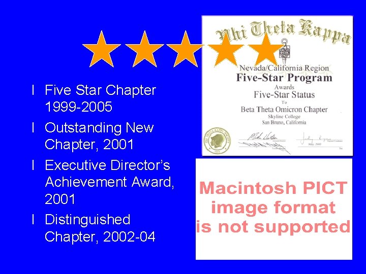 I Five Star Chapter 1999 -2005 I Outstanding New Chapter, 2001 I Executive Director’s