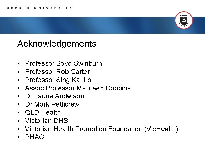 Acknowledgements • • • Professor Boyd Swinburn Professor Rob Carter Professor Sing Kai Lo