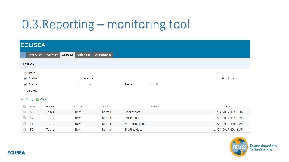 0. 3. Reporting – monitoring tool ECLISEA 