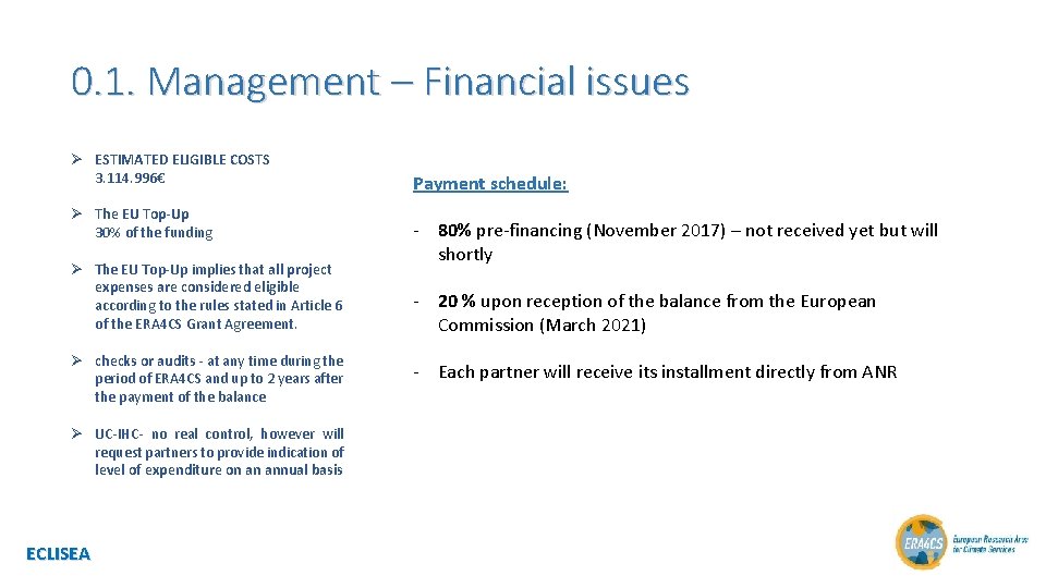 0. 1. Management – Financial issues Ø ESTIMATED ELIGIBLE COSTS 3. 114. 996€ Ø
