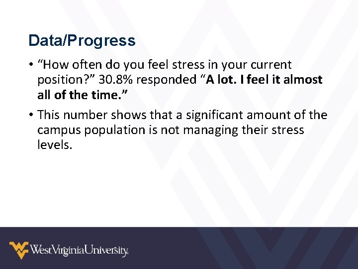 Data/Progress • “How often do you feel stress in your current position? ” 30.