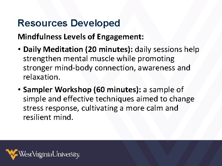 Resources Developed Mindfulness Levels of Engagement: • Daily Meditation (20 minutes): daily sessions help