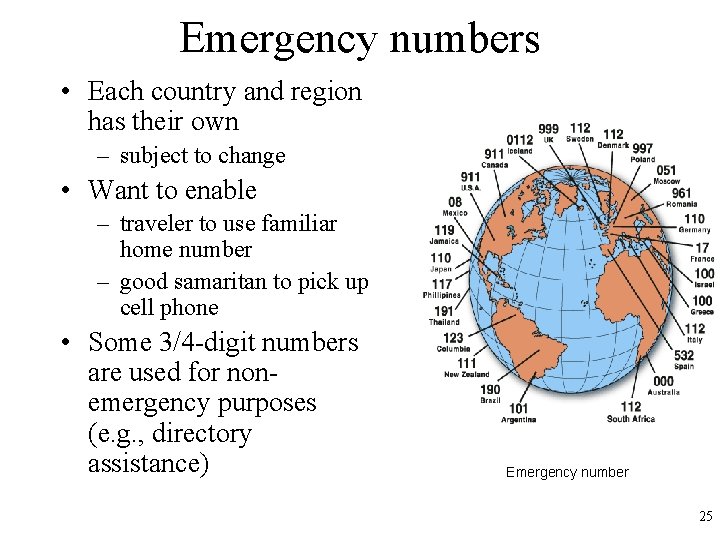 Emergency numbers • Each country and region has their own – subject to change