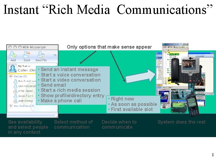 Instant “Rich Media Communications” Only options that make sense appear • Send an instant