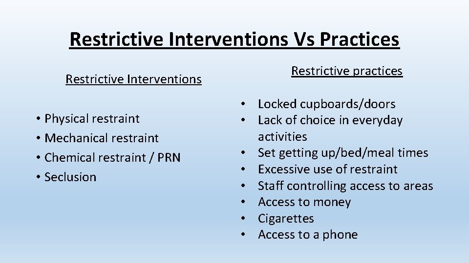 Restrictive Interventions Vs Practices Restrictive Interventions • Physical restraint • Mechanical restraint • Chemical Restrictive Interventions Vs Practices Restrictive Interventions • Physical restraint • Mechanical restraint • Chemical
