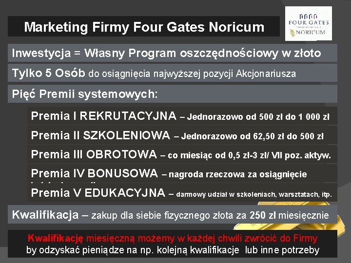 Marketing Firmy Four Gates Noricum Inwestycja = Własny Program oszczędnościowy w złoto Tylko 5