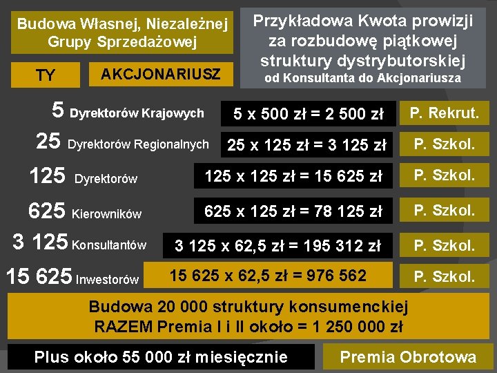 Budowa Własnej, Niezależnej Grupy Sprzedażowej TY AKCJONARIUSZ 5 Dyrektorów Krajowych 25 Dyrektorów Regionalnych 125