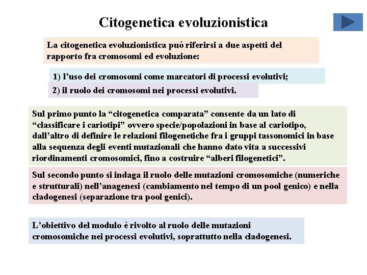 Citogenetica evoluzionistica La citogenetica evoluzionistica può riferirsi a due aspetti del rapporto fra cromosomi