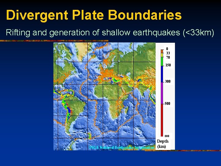 Divergent Plate Boundaries Rifting and generation of shallow earthquakes (<33 km) 0 30 70