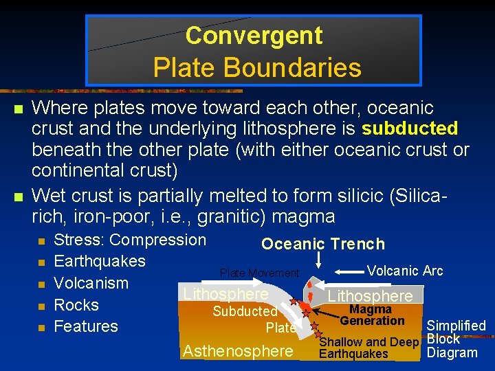 Convergent Plate Boundaries n n Where plates move toward each other, oceanic crust and