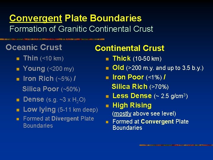 Convergent Plate Boundaries Formation of Granitic Continental Crust Oceanic Crust Continental Crust Thin (<10