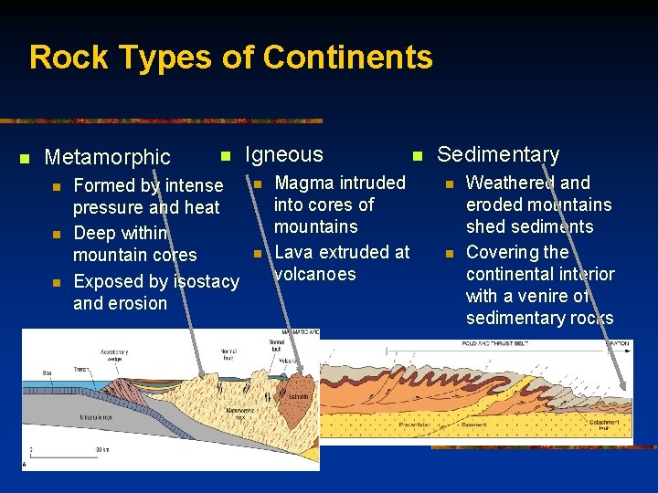 Rock Types of Continents n Metamorphic n n Formed by intense pressure and heat