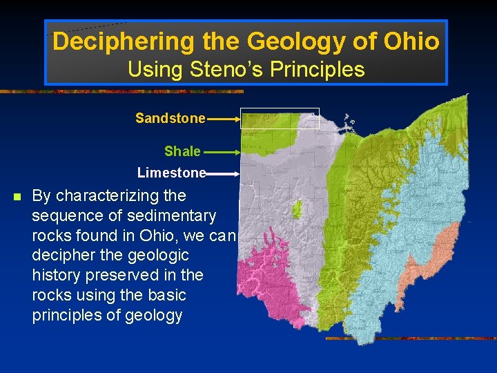 Deciphering the Geology of Ohio Using Steno’s Principles Sandstone Shale Limestone n By characterizing