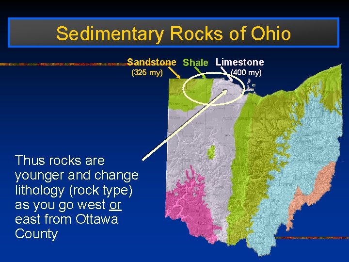 Sedimentary Rocks of Ohio Sandstone Shale Limestone (325 my) Thus rocks are younger and