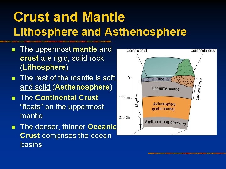 Crust and Mantle Lithosphere and Asthenosphere n n The uppermost mantle and crust are