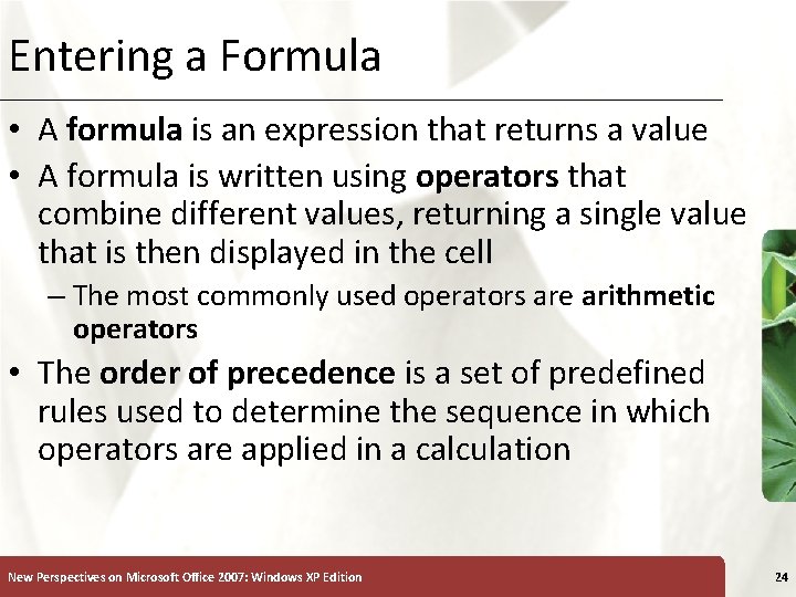 Entering a Formula XP • A formula is an expression that returns a value