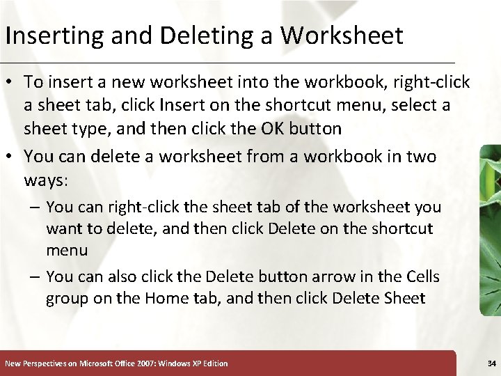 Inserting and Deleting a Worksheet XP • To insert a new worksheet into the