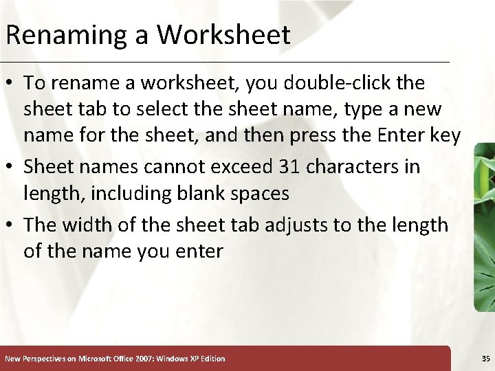 Renaming a Worksheet XP • To rename a worksheet, you double-click the sheet tab