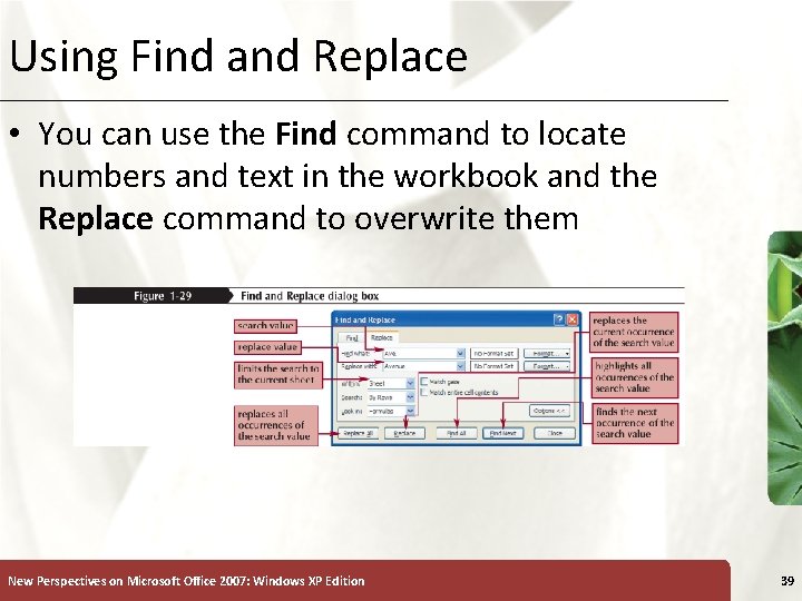 Using Find and Replace XP • You can use the Find command to locate