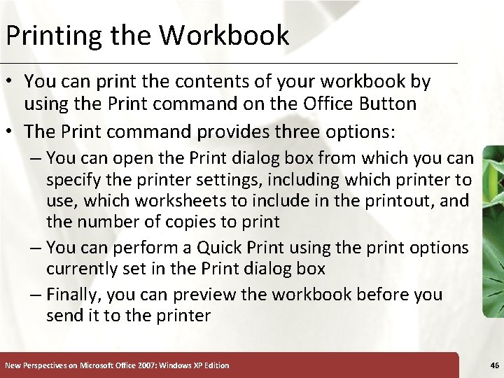 Printing the Workbook XP • You can print the contents of your workbook by