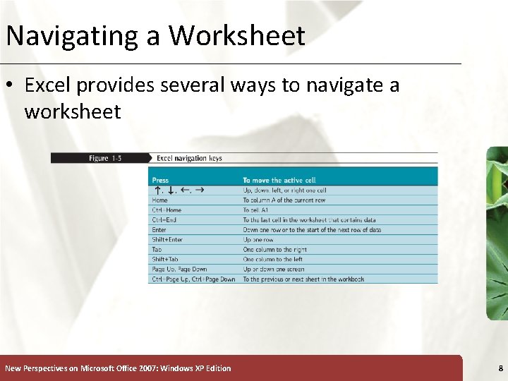 Navigating a Worksheet XP • Excel provides several ways to navigate a worksheet New