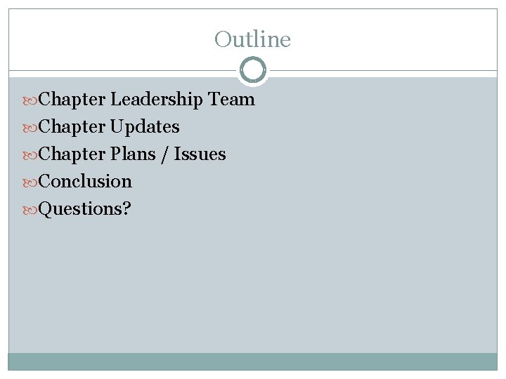 Outline Chapter Leadership Team Chapter Updates Chapter Plans / Issues Conclusion Questions? Outline Chapter Leadership Team Chapter Updates Chapter Plans / Issues Conclusion Questions?
