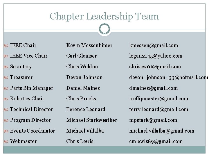 Chapter Leadership Team IEEE Chair Kevin Messenhimer kmessen@gmail. com IEEE Vice Chair Carl Gleinser Chapter Leadership Team IEEE Chair Kevin Messenhimer kmessen@gmail. com IEEE Vice Chair Carl Gleinser