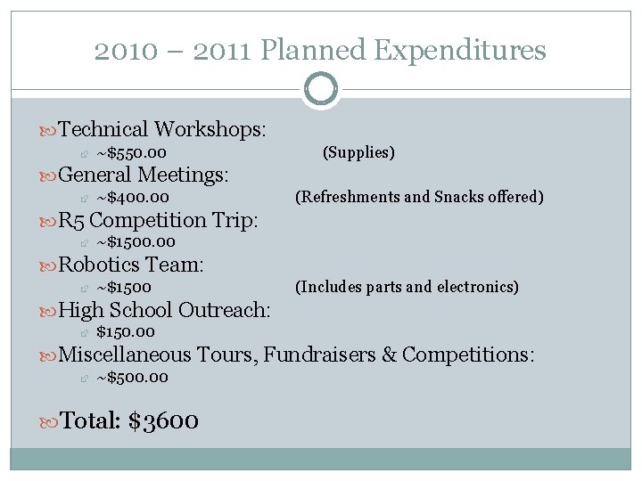2010 – 2011 Planned Expenditures Technical Workshops: ~$550. 00 (Supplies) General Meetings: ~$400. 00 2010 – 2011 Planned Expenditures Technical Workshops: ~$550. 00 (Supplies) General Meetings: ~$400. 00