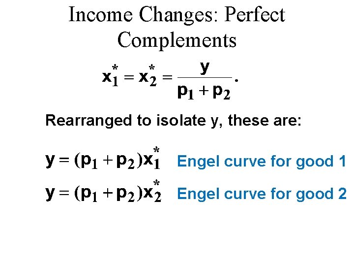 Income Changes: Perfect Complements Rearranged to isolate y, these are: Engel curve for good Income Changes: Perfect Complements Rearranged to isolate y, these are: Engel curve for good