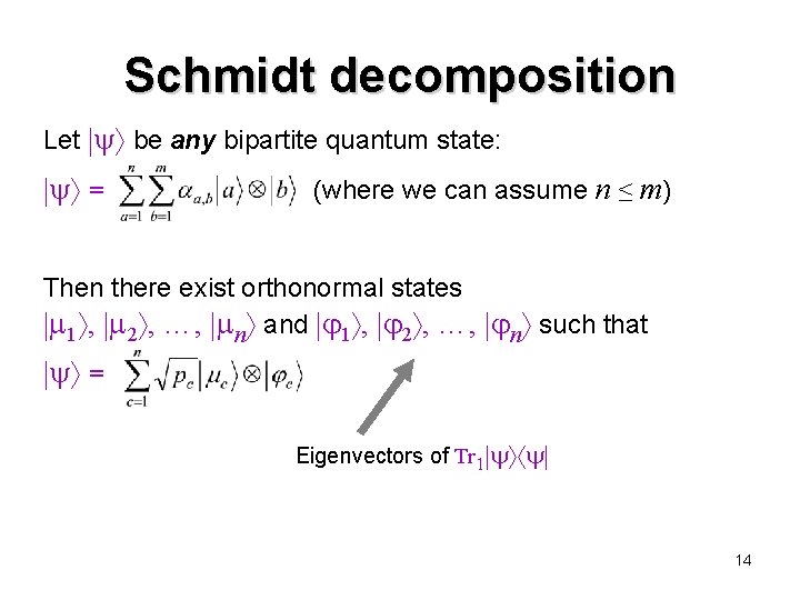 Schmidt decomposition Let be any bipartite quantum state: = (where we can assume n