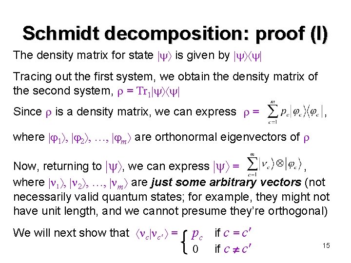 Schmidt decomposition: proof (I) The density matrix for state is given by Tracing out